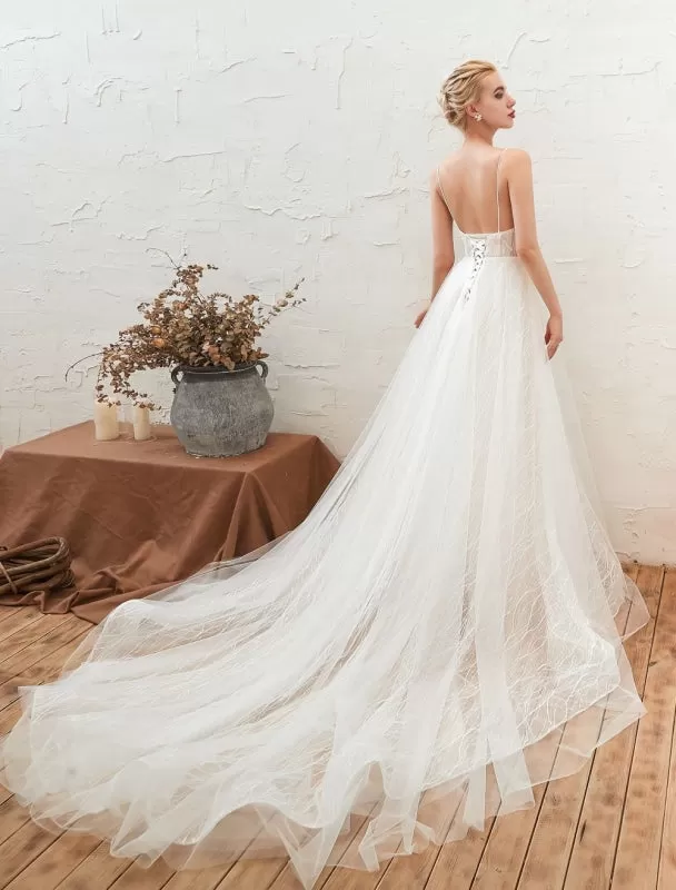 Wedding Dress 2021 V Neck A Line Floor Length Lace Appliqued Tulle Bridal Gowns