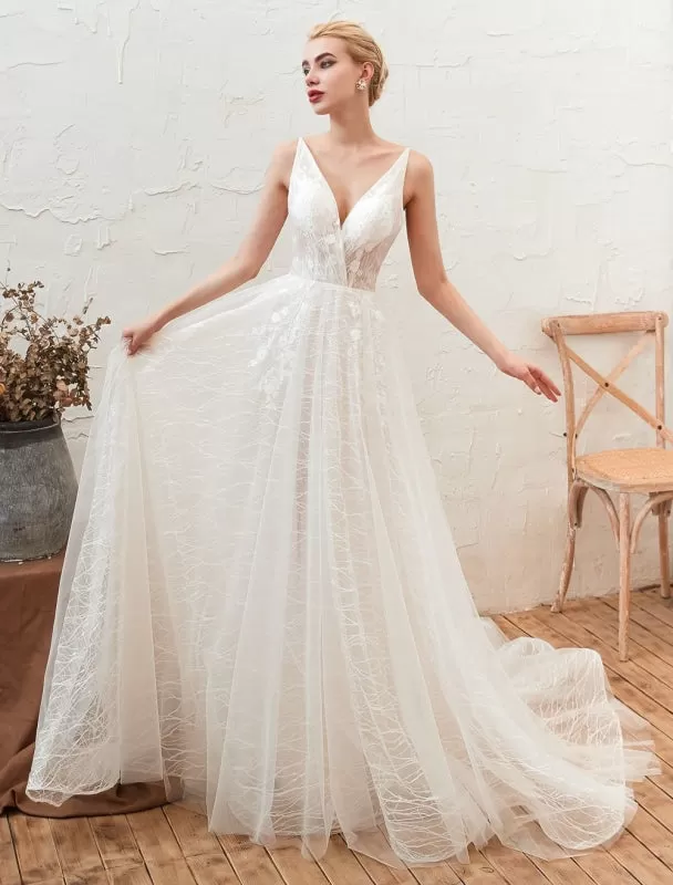 Wedding Dress 2021 V Neck A Line Floor Length Lace Appliqued Tulle Bridal Gowns