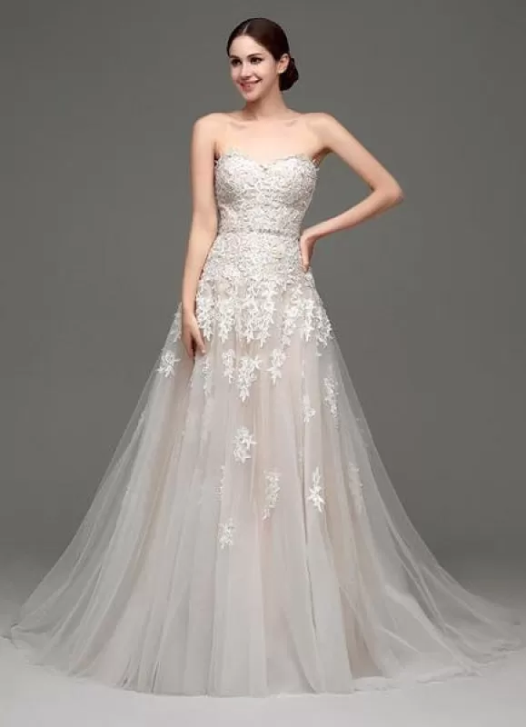 Wedding Dresses Champagne Tulle Strapless Sweatheart Lace Sash Bridal Gown