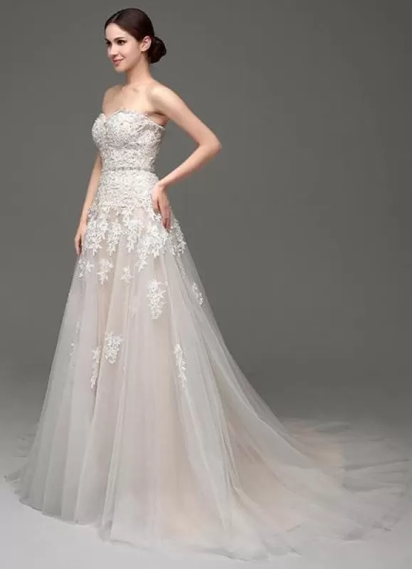 Wedding Dresses Champagne Tulle Strapless Sweatheart Lace Sash Bridal Gown