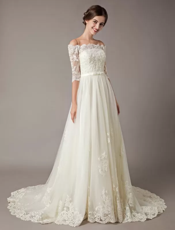 Wedding Dresses Ivory Off The Shoulder Half Sleeve Lace Beaded Bow Sash Tulle Bridal Gowns With Train