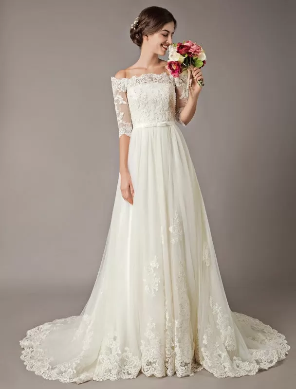 Wedding Dresses Ivory Off The Shoulder Half Sleeve Lace Beaded Bow Sash Tulle Bridal Gowns With Train