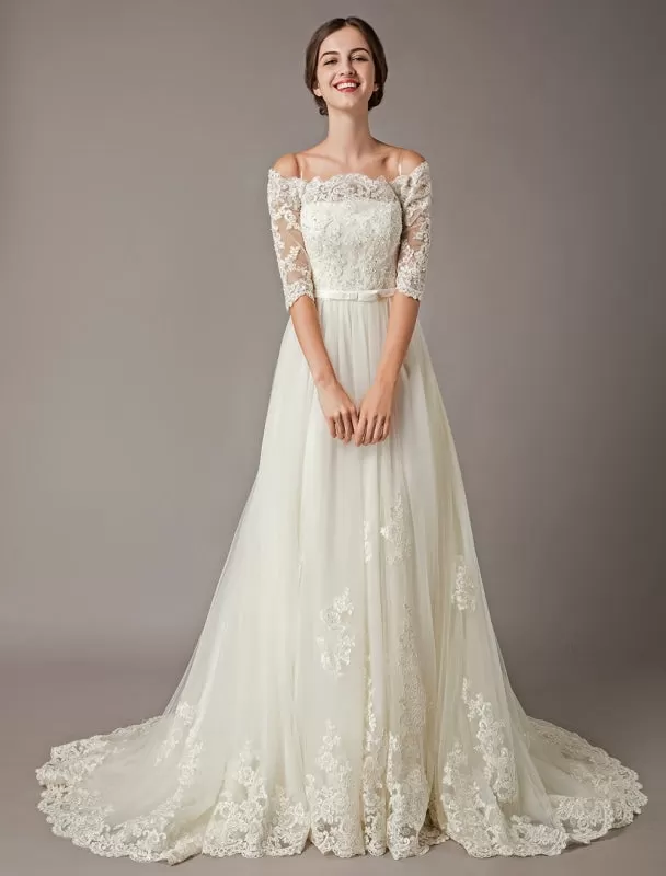 Wedding Dresses Ivory Off The Shoulder Half Sleeve Lace Beaded Bow Sash Tulle Bridal Gowns With Train