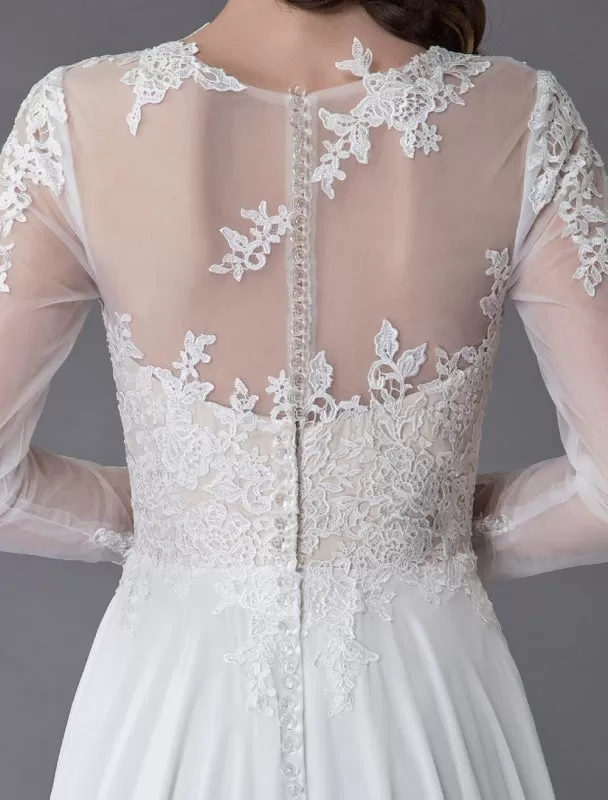 Wedding Dresses Long Sleeve Lace Chiffon Sexy High Split Illusion Summer Bridal Gowns Exclusive