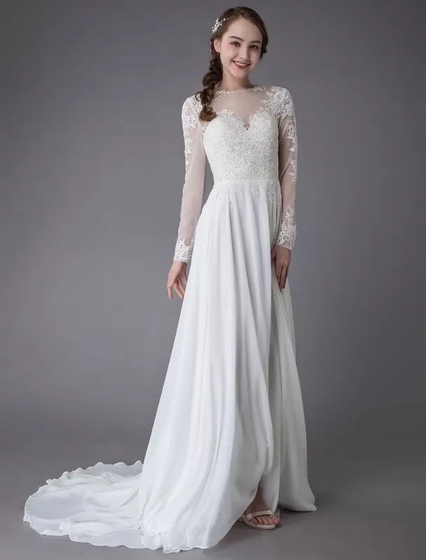 Wedding Dresses Long Sleeve Lace Chiffon Sexy High Split Illusion Summer Bridal Gowns Exclusive