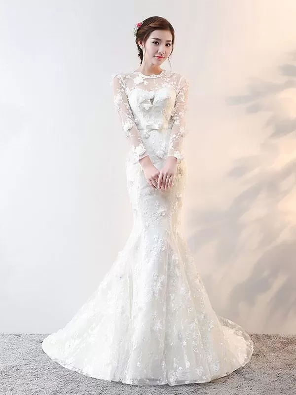 Wedding Dresses Long Sleeve Mermaid Flowers Applique Bows Ivory Bridal Dress With Train