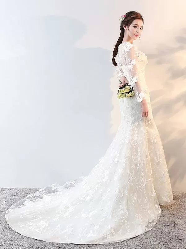 Wedding Dresses Long Sleeve Mermaid Flowers Applique Bows Ivory Bridal Dress With Train