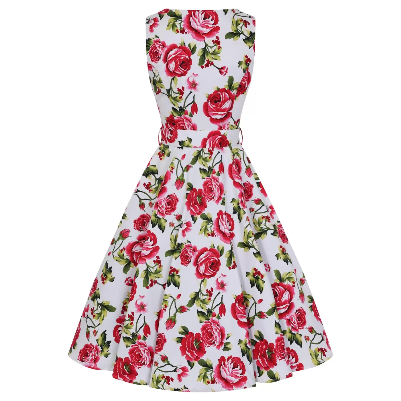 White and Pink Rose Floral Print Audrey 50s Summer Swing Dress