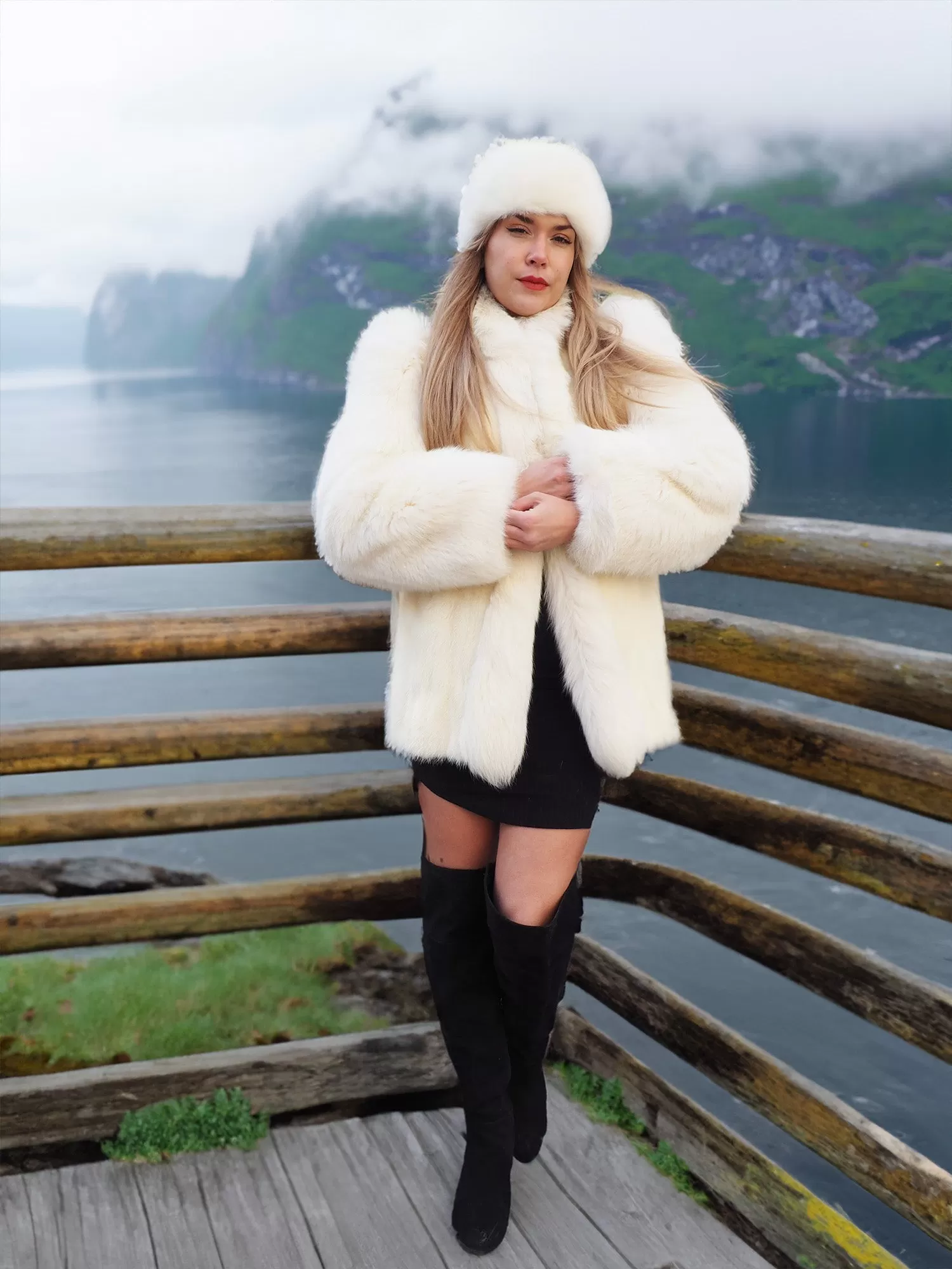 White Mink Fur Coat Jacket S With White Fox Trim And Fox Headband