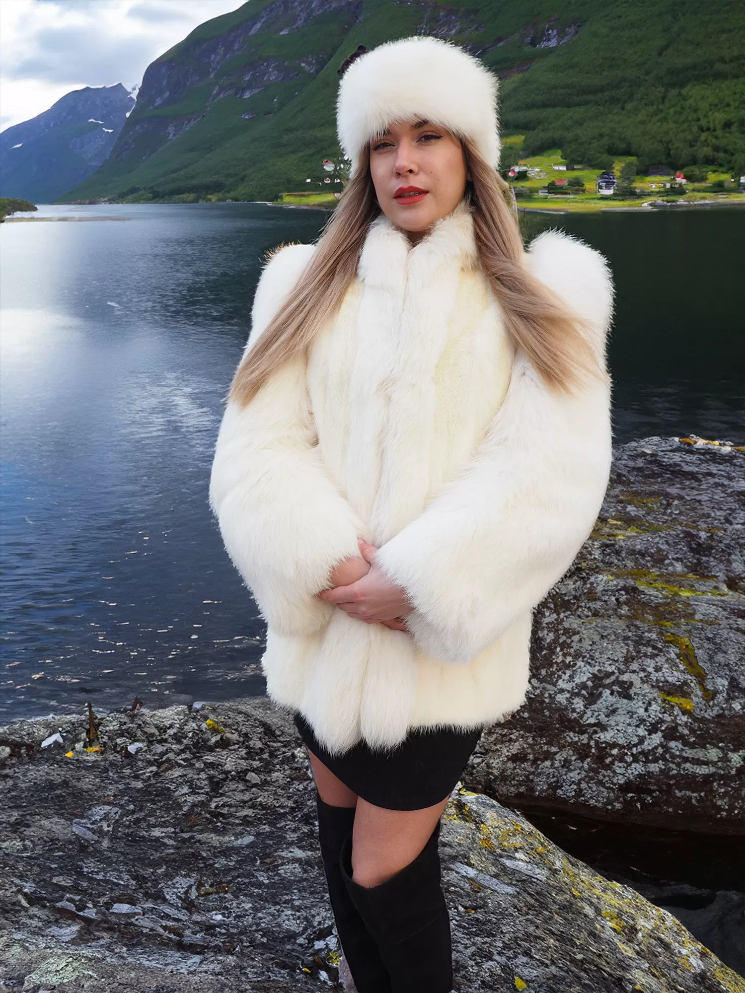 White Mink Fur Coat Jacket S With White Fox Trim And Fox Headband