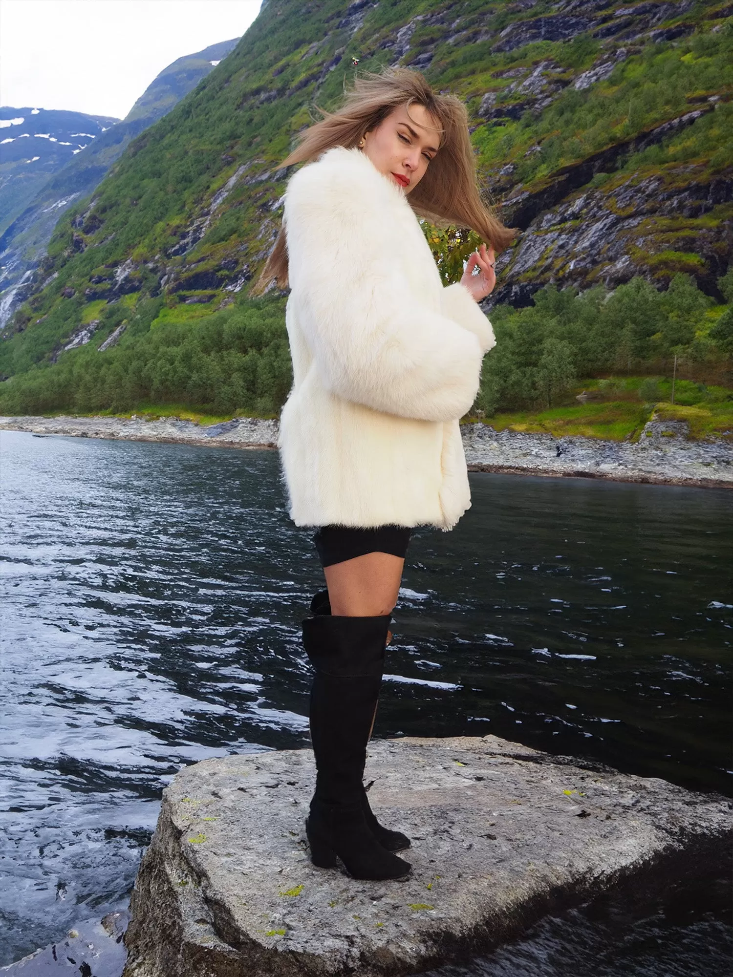 White Mink Fur Coat Jacket S With White Fox Trim And Fox Headband