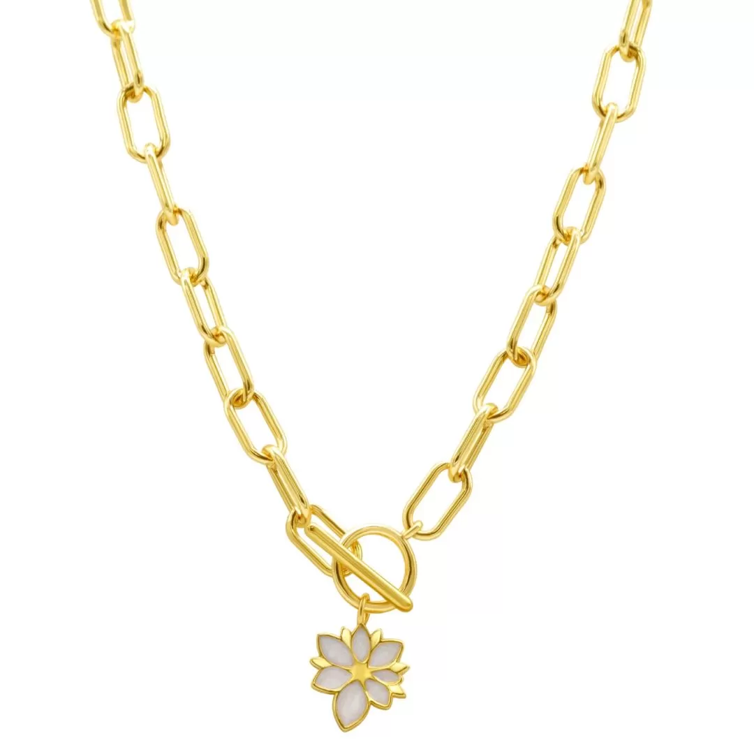 White Mother of Pearl Flower Toggle Paper Clip Necklace gold