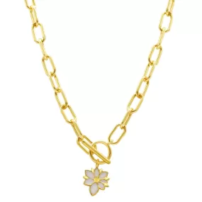 White Mother of Pearl Flower Toggle Paper Clip Necklace gold