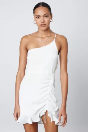 White one shoulder ruched ruffle dress