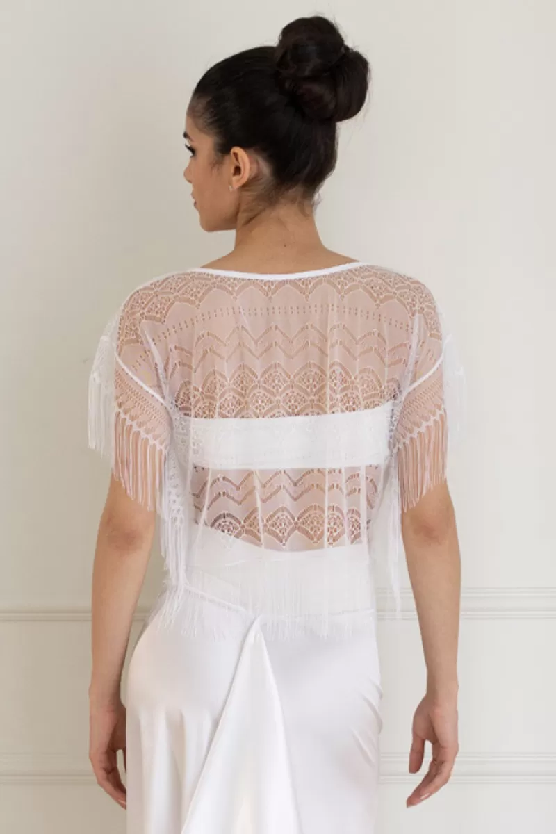 White Sheer Lace Top With Fringe