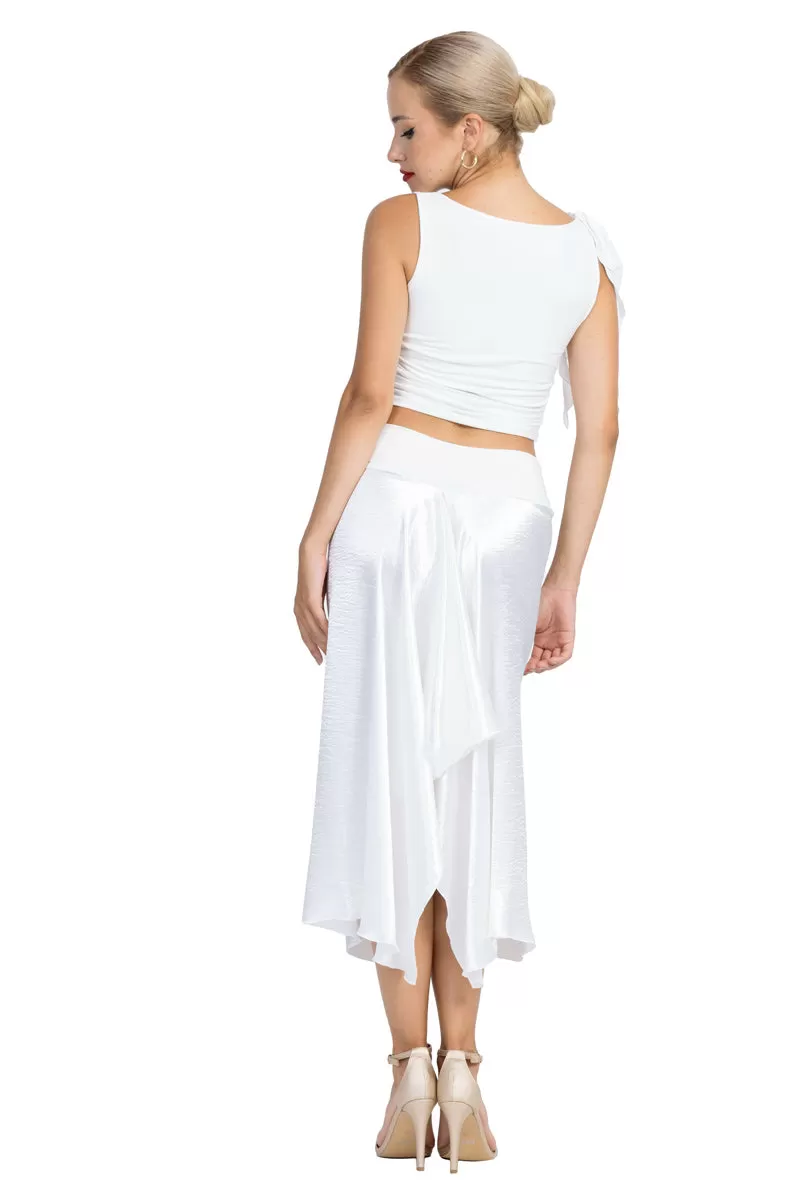 White Shiny Satin Midi Skirt With Back Movement