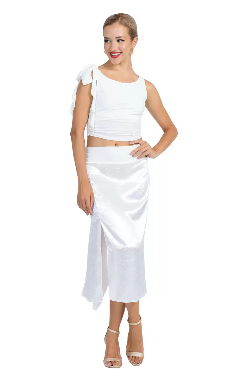 White Shiny Satin Midi Skirt With Back Movement