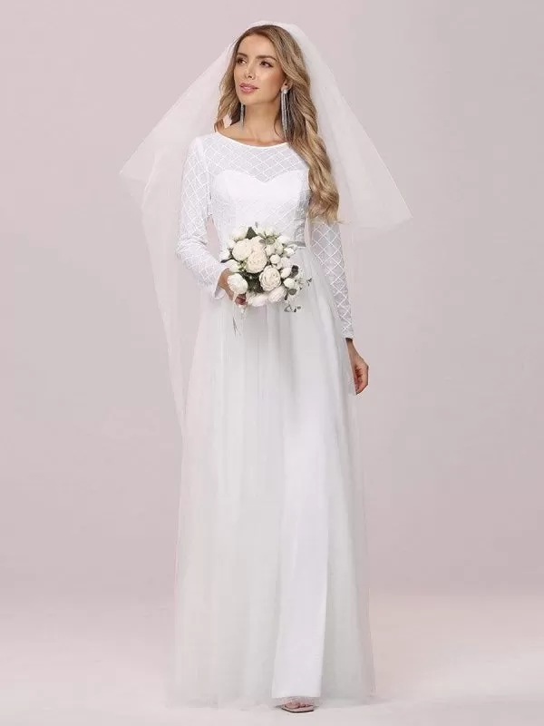 White Simple Wedding Dress Jewel Neck Long Sleeves Natural Waist A-Line Tulle Long Bridal Dresses