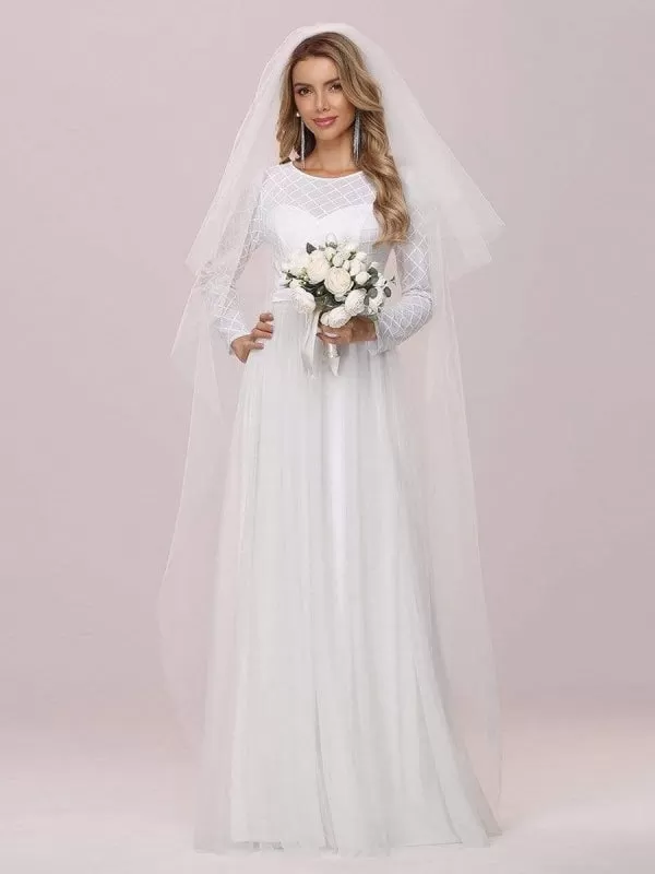 White Simple Wedding Dress Jewel Neck Long Sleeves Natural Waist A-Line Tulle Long Bridal Dresses