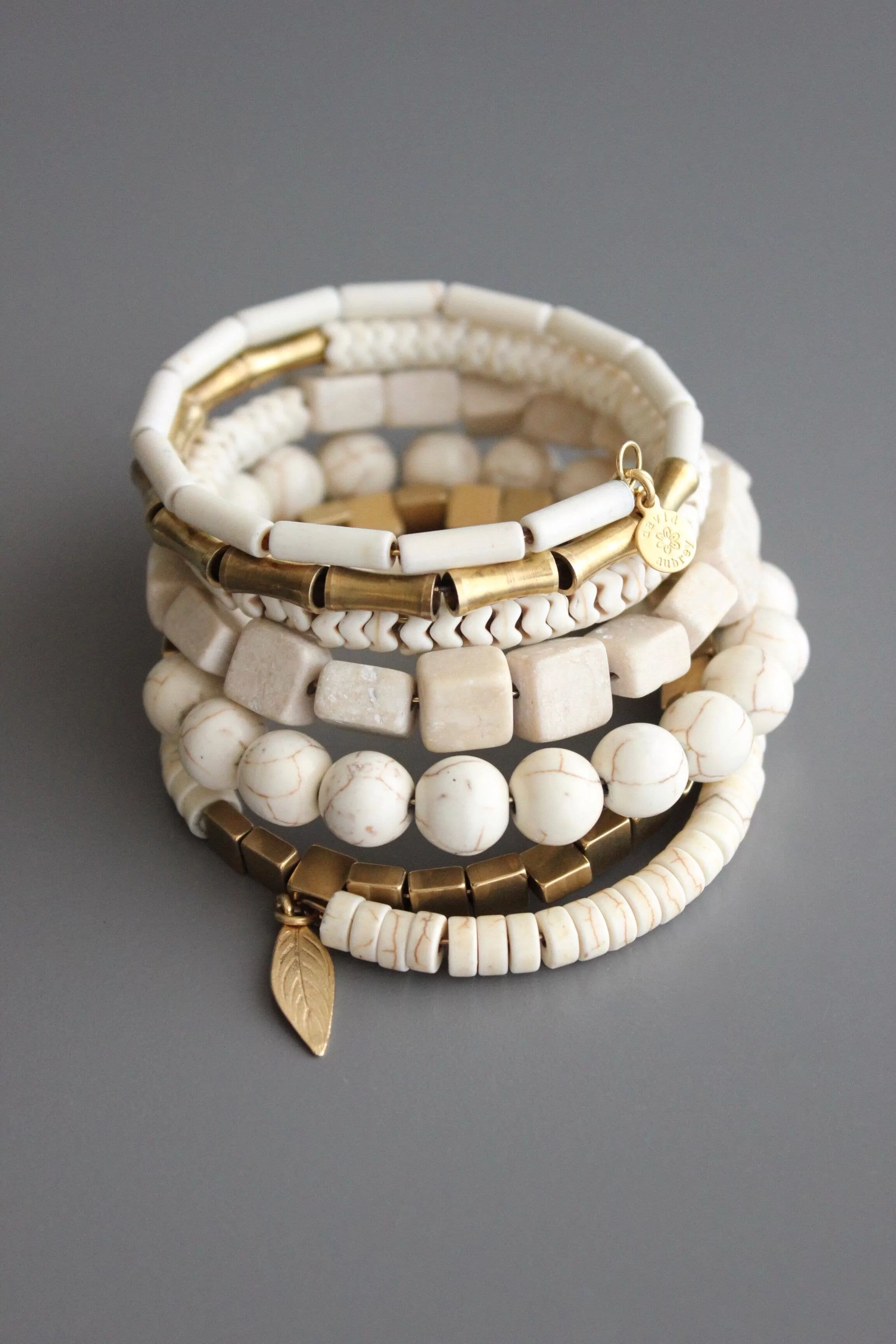 White Stone and Brass Wrap Bracelet