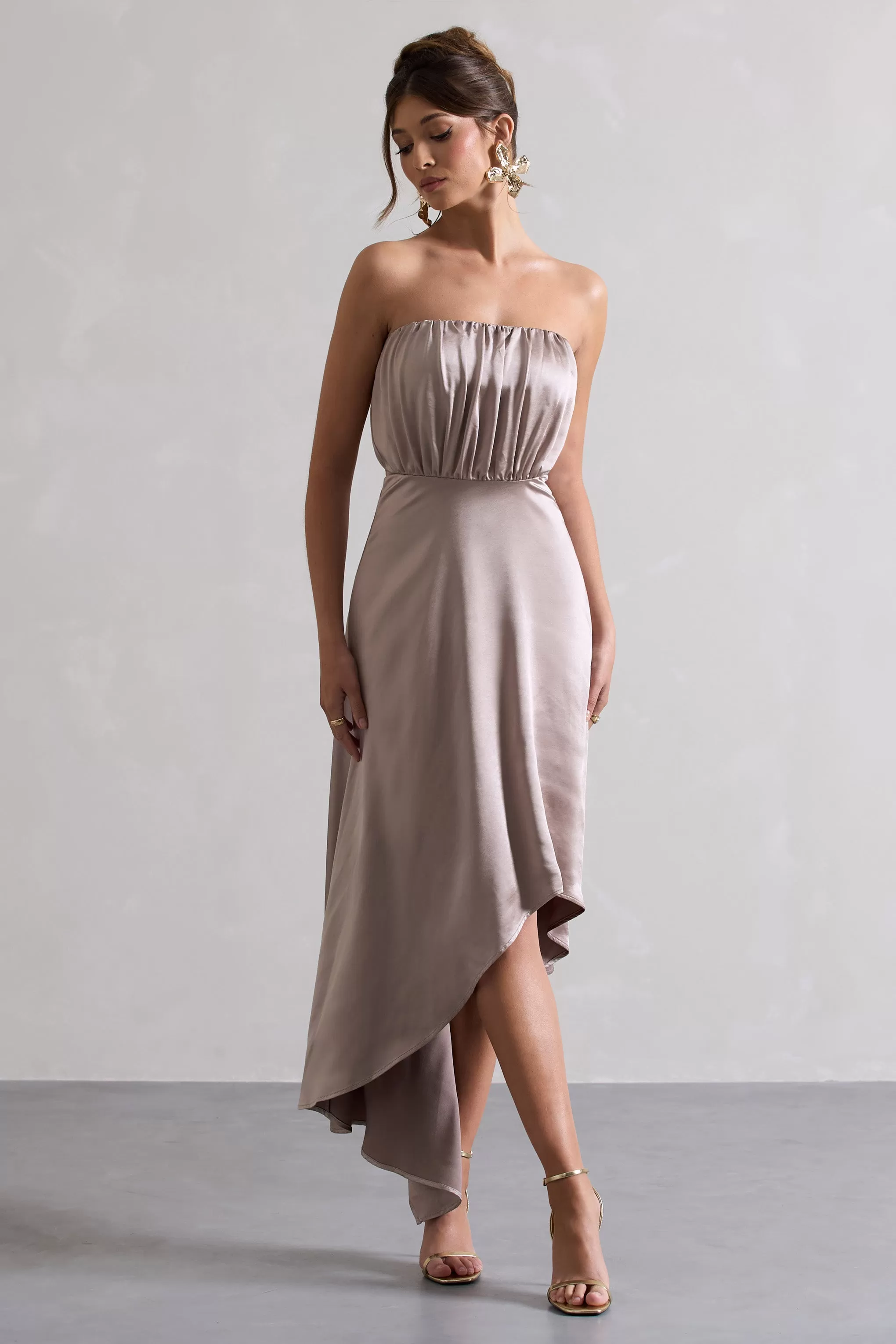 Willa | Taupe Satin Bandeau Maxi Dress With Asymmetric Hem