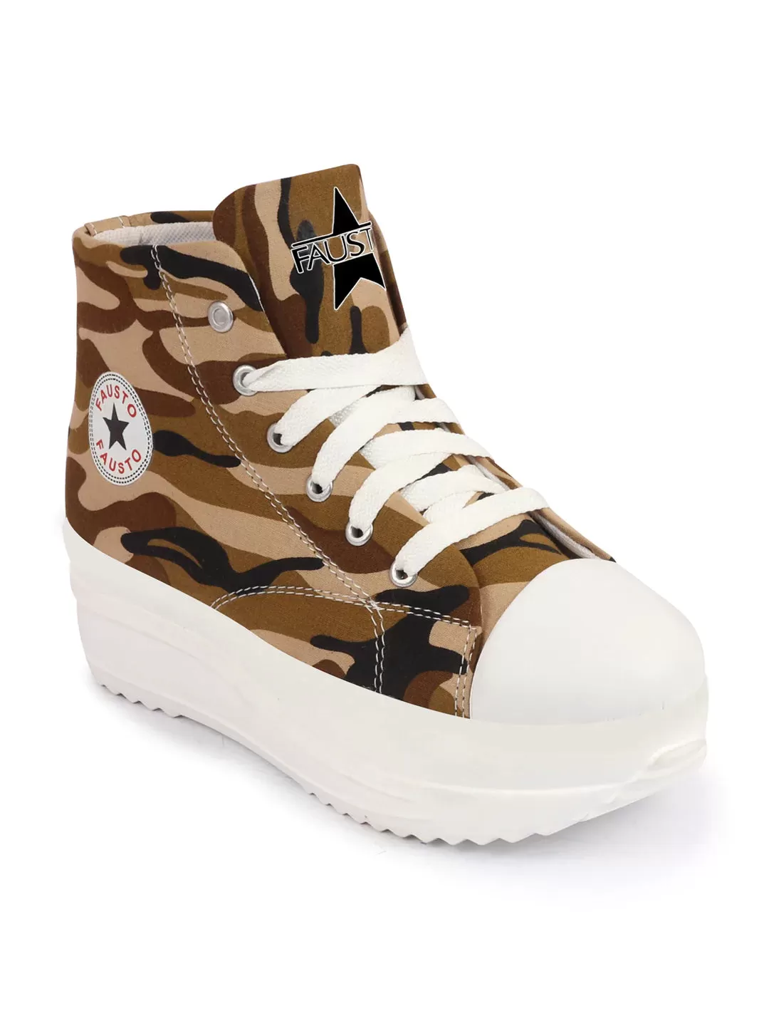 Women Teek High Ankle Top Wedge Heels Camouflage Print Canvas Lace Up Sneakers Shoes