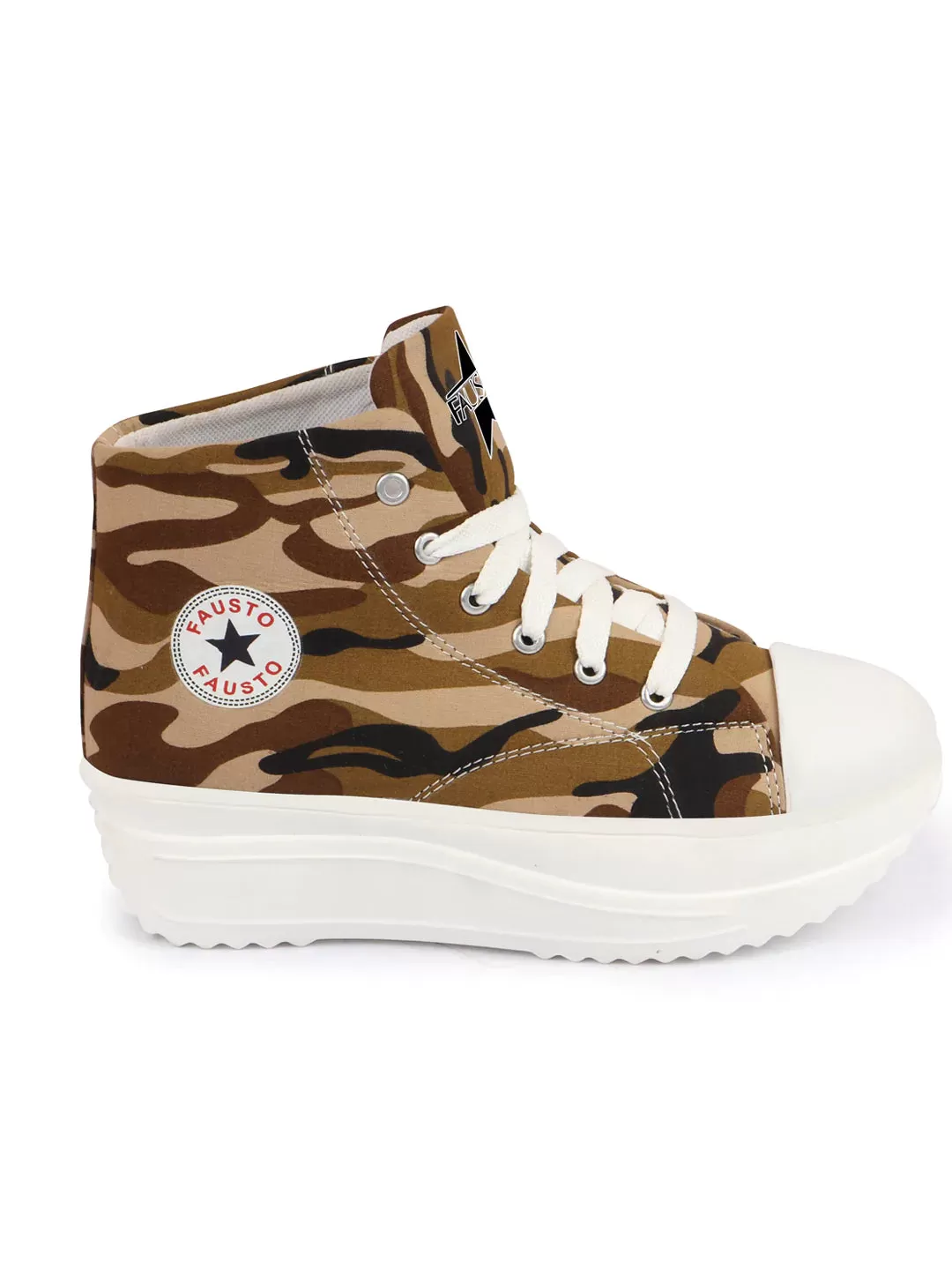 Women Teek High Ankle Top Wedge Heels Camouflage Print Canvas Lace Up Sneakers Shoes