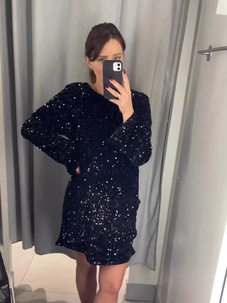 Womens Holiday Long Sleeve Sequins Dress Women O Neck Loose Midi Dresses