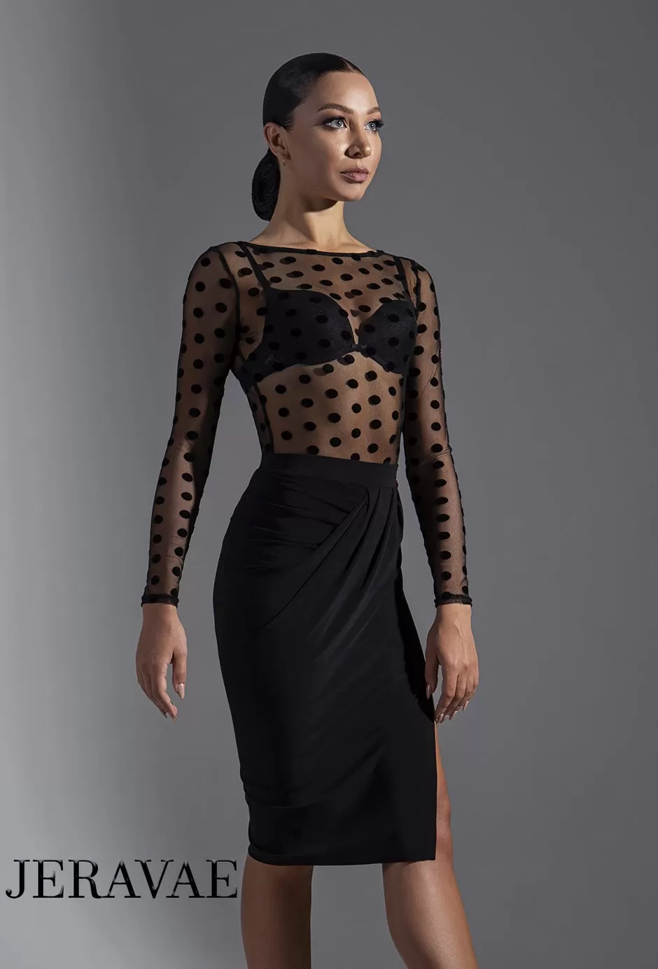 Women's Polka Dot Sheer Mesh Practice Top with Long Sleeves PRA 605_sale