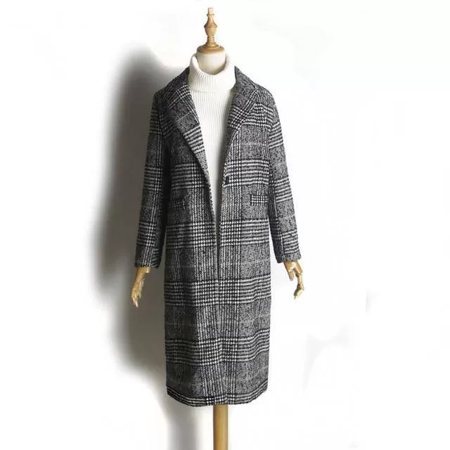 Women's Wool Coat Plaid Classics Female Loose Long Single Breasted Coats